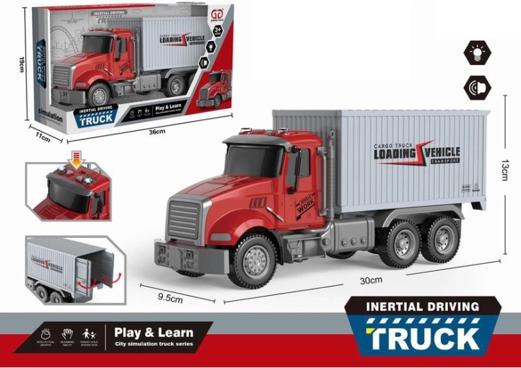 Camion cu container cu mecanism inerțial, lumină și sunet