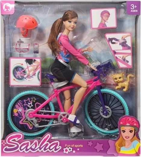 Păpușă pe bicicletă cu accesorii