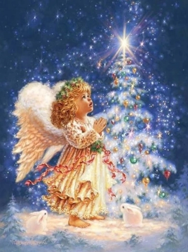 Pictură cu diamante Îngeraș lângă bradul de Crăciun 30 × 40 cm