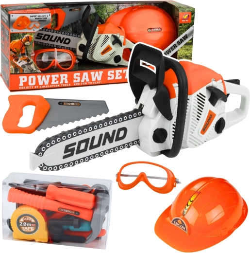 Set de unelte pentru copii cu drujbă, cască și ochelari cu sunete