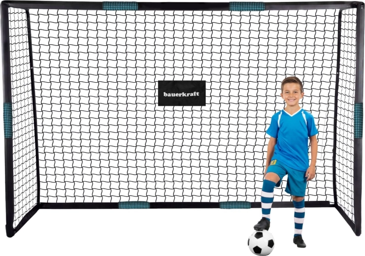 Poartă de fotbal metalică Bauerkraft cu plasă 300 × 200 × 120 cm negru-albastru