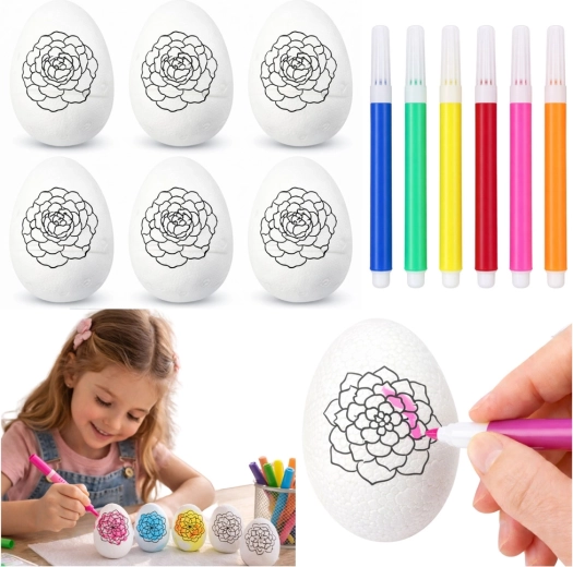 Ouă din polistiren de Paște pentru colorat cu carioci, model floral - 6 buc.