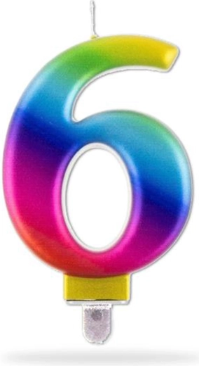 Lumânare aniversară curcubeu numărul 6 pentru tort, 7,5 cm