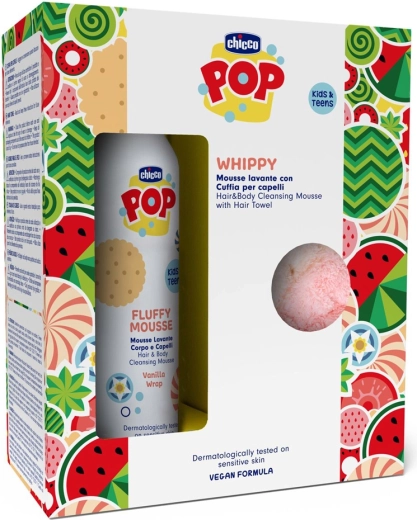 Chicco POP spumă de vanilie pentru corp și păr 2în1 cu prosop pentru păr 200 ml