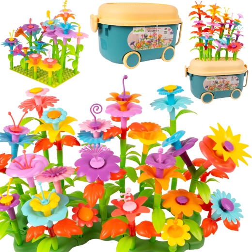 Set de construcție flori DIY cu cărucior de grădină, 139 piese