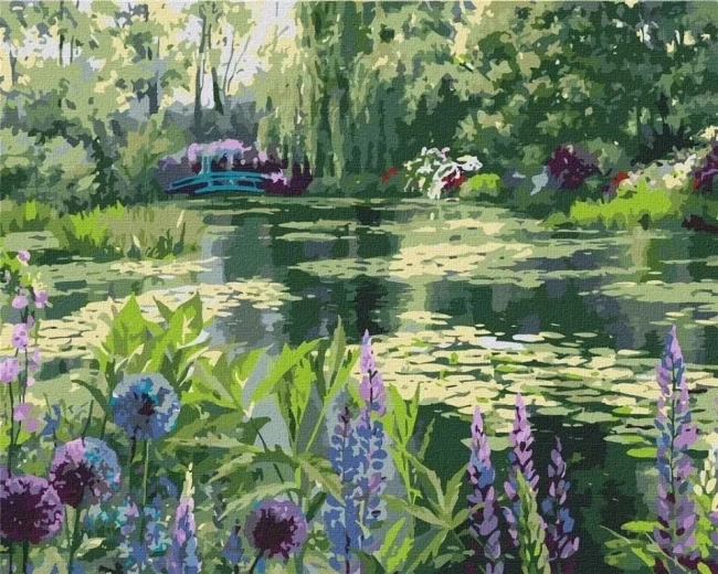 Pictură pe numere Lac în pădure cu nuferi 40 × 50 cm