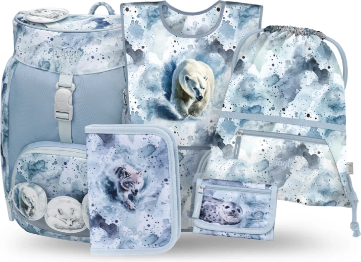 Set școlar BAAGL Airy Polar, 5 piese: rucsac, penar, săculeț, șorț și portofel din materiale reciclate