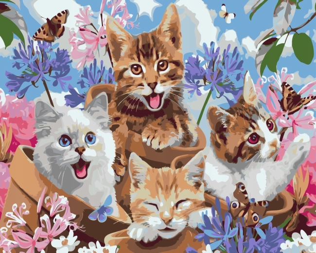 Norimpex Pictură după numere, pisicuțe fericite în ghivece 40 × 50 cm