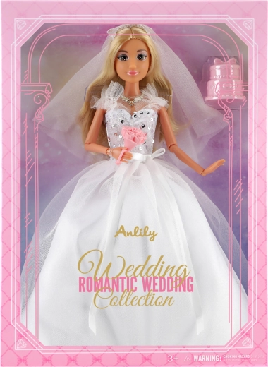 Păpușă la modă în rochie de mireasă cu buchet