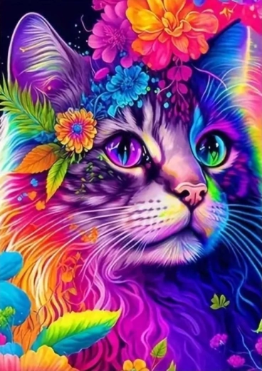 Pictură cu diamante pisică colorată cu flori 30 × 40 cm