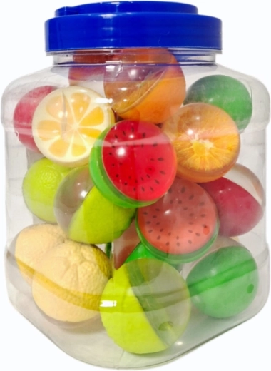 Mingi din cauciuc cu modele de fructe 4 cm, 25 bucăți în borcan