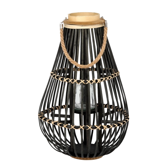 Lampion din lemn cu inserție de sticlă, negru, 32 × 57 cm