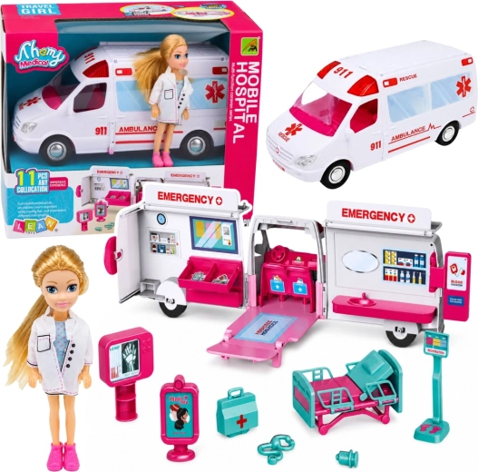 Ambulanță pliabilă pentru păpuși, cu mini doctoriță și accesorii (11 piese)