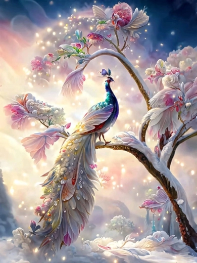 Norimpex Pictură pe numere – păun pe creangă cu coadă albă 40 × 50 cm