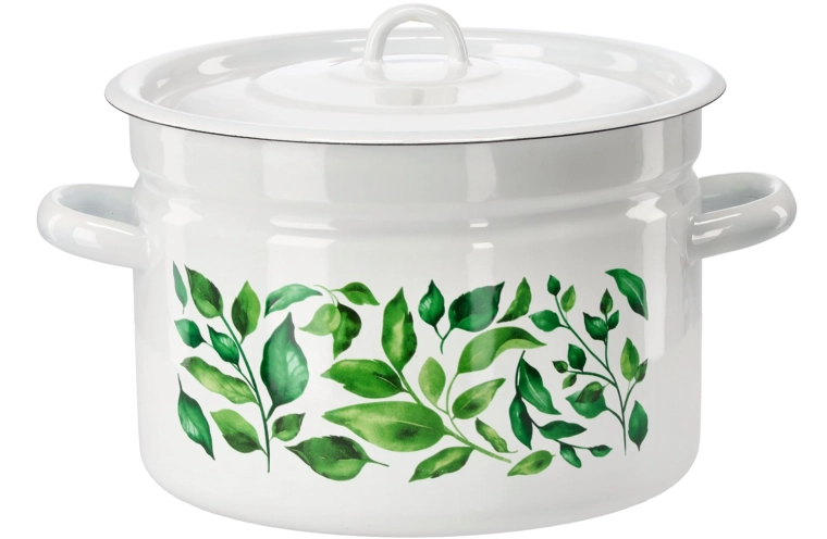 Oală emailată 9 l, 26 cm, albă cu decor ficus, cu capac