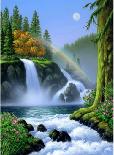 Mozaic cu diamante (diamond painting) cascadă cu curcubeu 30 × 40 cm - 1 bucată