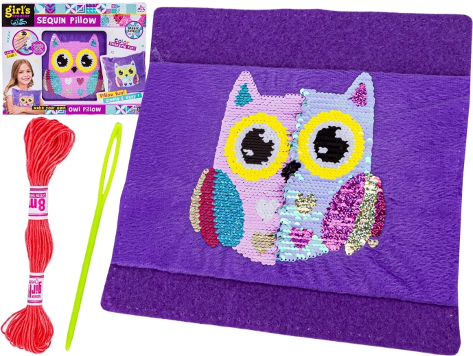 Set creativ pentru coaserea unei pernuțe de pluș cu paiete reversibile – bufniță