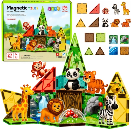 Piese de construcție magnetice Zoo – animale sălbatice din junglă (27 piese)