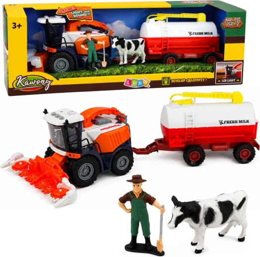 Combină cu cisternă pentru lapte, figurine fermier și vacă, cu lumini și sunete (4 buc.)