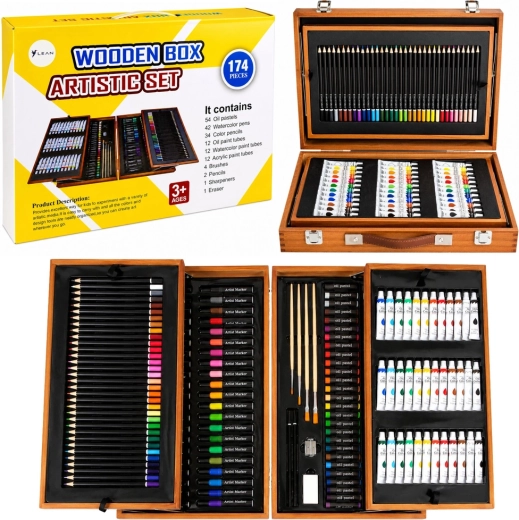 Set mare de artă în valiză din lemn pentru pictură și desen – 174 piese