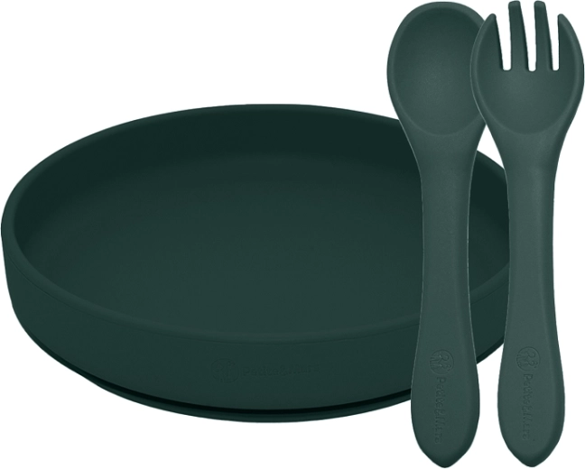 Set de masă din silicon pentru copii Petite&Mars TAKE&MATCH – farfurie cu ventuză și tacâmuri, Misty Green