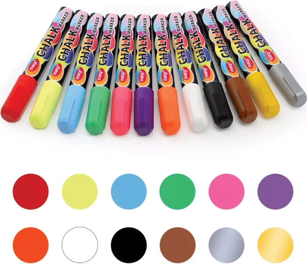 Set de markere cu cretă lichidă pentru tablă și sticlă, 12 culori, 6 mm