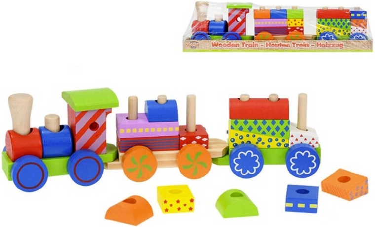 Trenuleț din lemn pentru înșirat, pentru bebeluși, 33 cm – locomotivă și 2 vagoane
