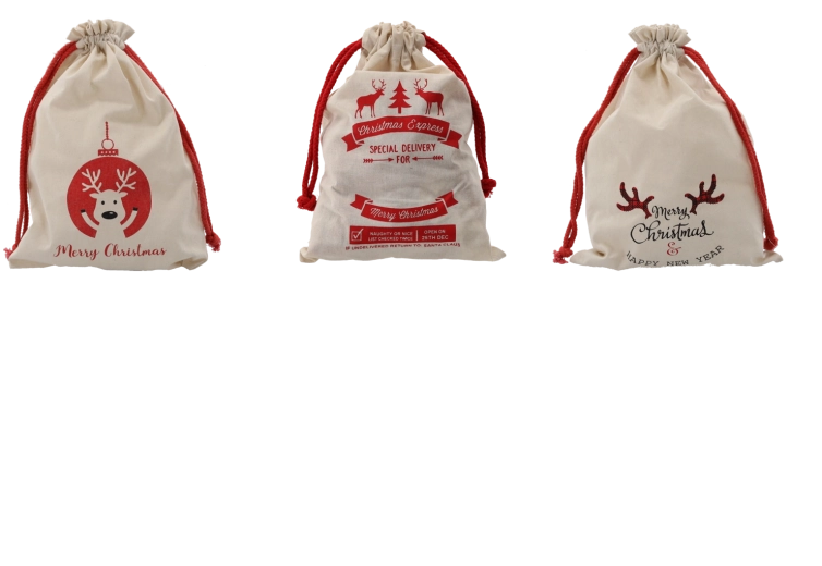 Săculeț cadou de Crăciun din bumbac 28 × 40 cm, natur, mix de modele (pachet 15 buc)