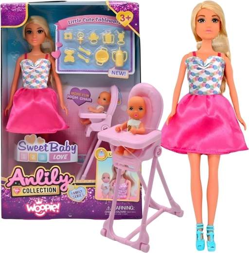 Păpușa Woopie Royal Lily cu bebeluș, scaun de masă și accesorii