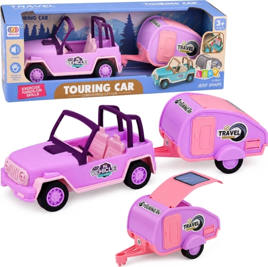 Vehicul off-road roz cu rulotă și efecte sonore