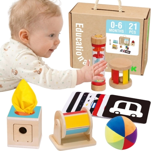 Cutie senzorială educativă Montessori XXL 6 în 1 TOOKY TOY pentru copii de la naștere până la 6 luni - 6 buc.