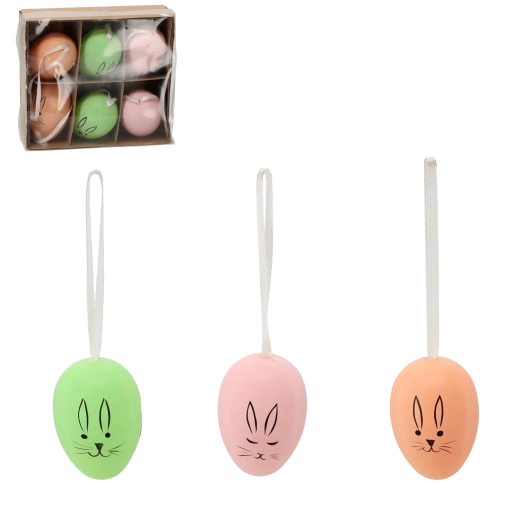 Set de ouă atârnate de Paște cu iepuraș, culori pastel, 6 buc.