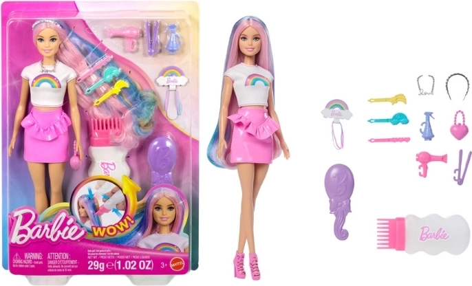 Păpușă Barbie cu păr curcubeu și coafură strălucitoare