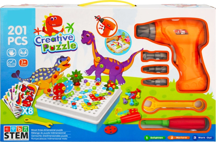 Set creativ STEM de construcție cu bormașină – dinozauri, 201 piese