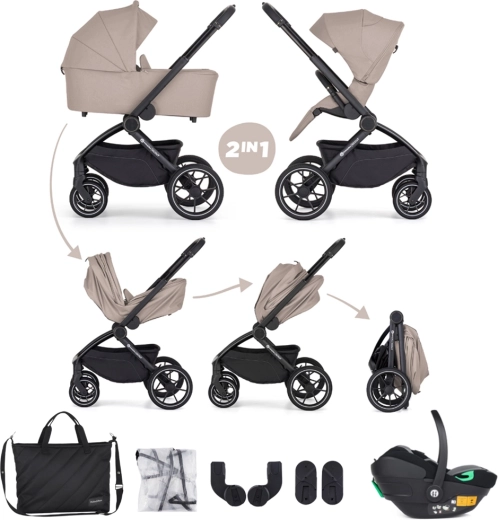 Cărucior combinat Petite&Mars Scout 3în1 cappuccino cream cu scaun auto Core Pro i-Size
