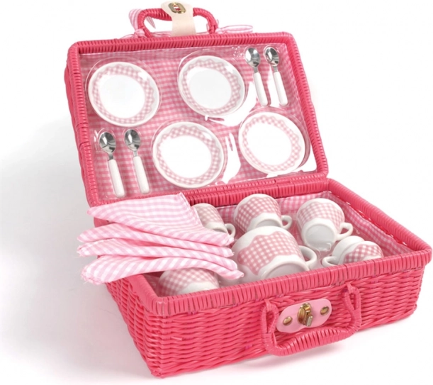 Tidlo set de ceai pentru picnic într-un coș împletit roz
