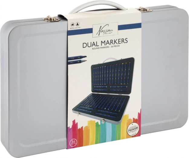 Set de 36 de markere cu două capete în servietă metalică