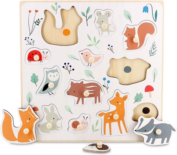 Puzzle din lemn cu butoni Animale de pădure VILAC – design Sarah Betz