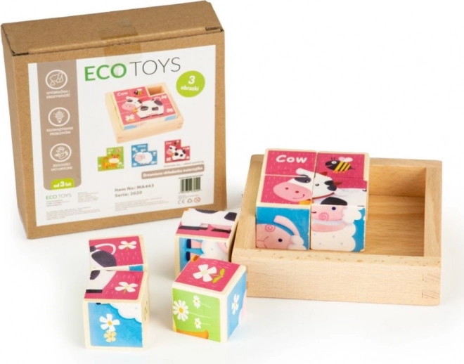 Cubi din lemn cu animale ECOTOYS, 8 cuburi