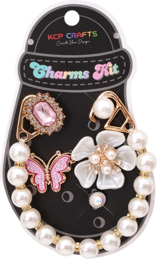 Set de ornamente pentru papuci cu lanț de perle și fluture roz - 1 bucată