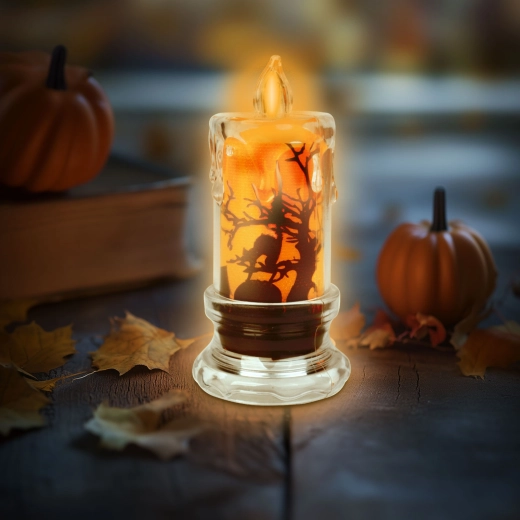 Lumânare LED de Halloween cu liliac și lumină portocalie