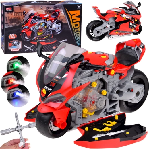 Motocicletă de curse pentru copii, de asamblat, cu lumini, sunete și efect de ceață, 59 de piese