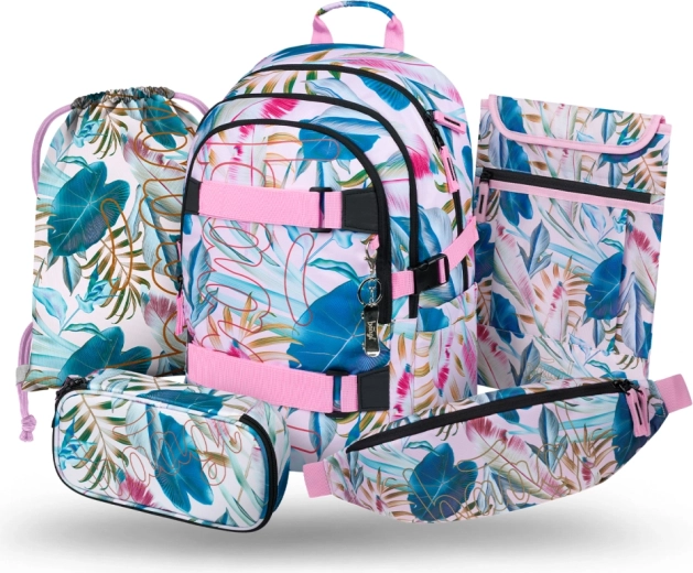 Set școlar Baagl 5 piese Skate Leafs – rucsac, penar, săculeț pentru sport, borsetă și husă pentru laptop