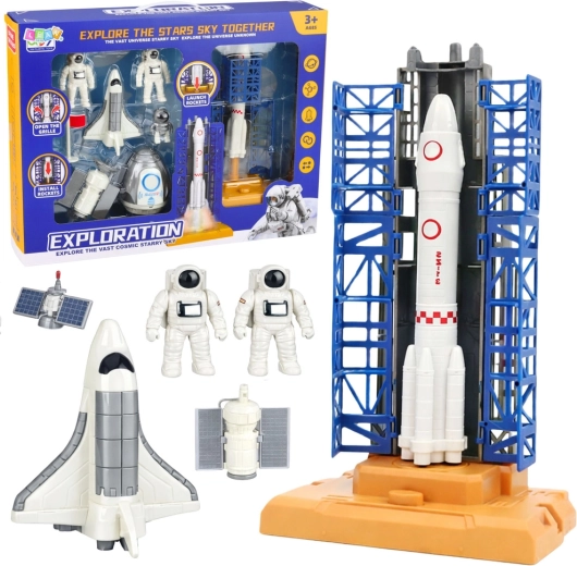 Set cosmic cu rachetă, turn de lansare și astronauți