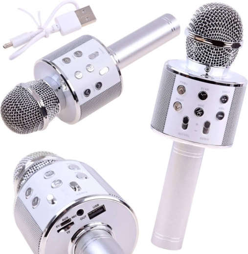 Microfon karaoke wireless Bluetooth cu difuzor încorporat – argintiu