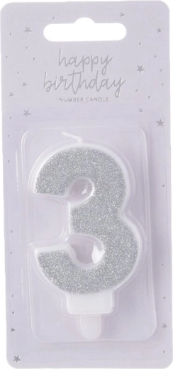 Lumânare pentru tort cifra 3, argintie, 7 cm