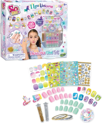 Set Tasia cu 30 unghii autocolante cu unicorn și sclipici