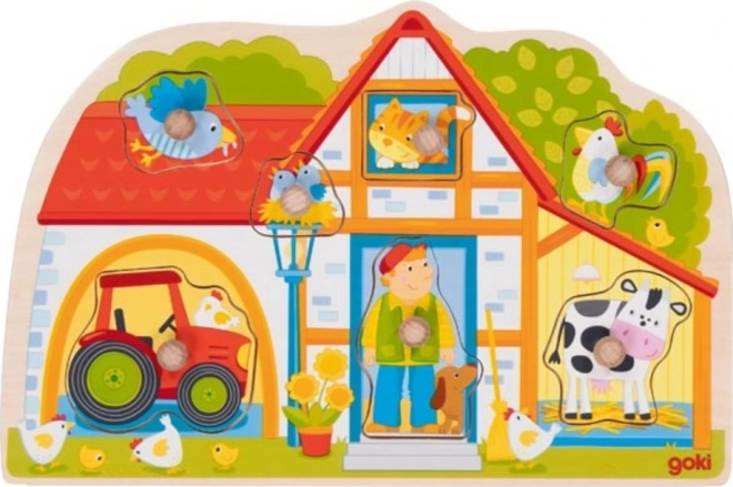 Puzzle din lemn cu butoane – fermă GOKI