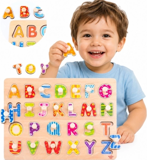 Tooky Toy puzzle Montessori din lemn cu literele alfabetului, cu mânere