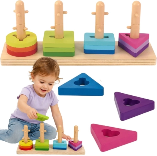 Joc de încastrat și înșirat din lemn Tooky Toy cu forme geometrice